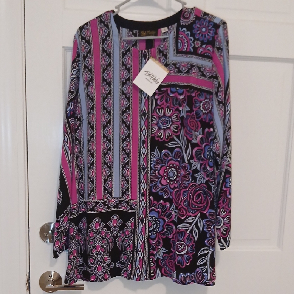 Bob Mackie Multicolor Floral and Stripe Long Sleeve Top